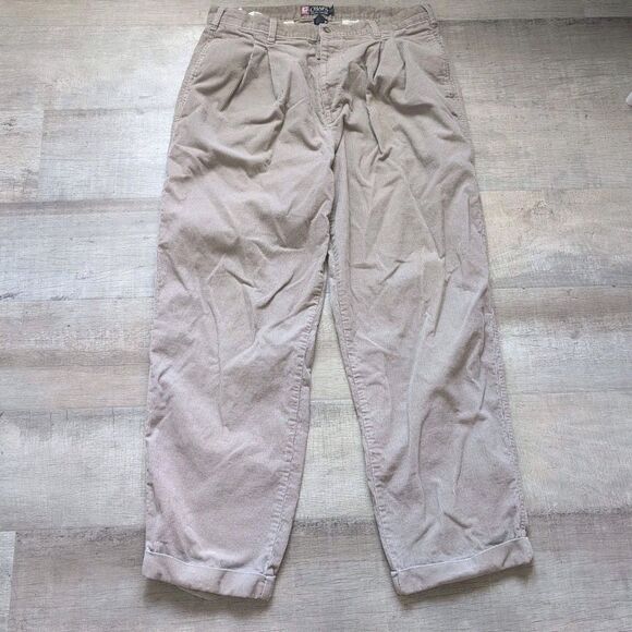 CHAPS Ralph Lauren Corduroy Pants Mens 38 x 32 Beige Pleated Cuffed - Picture 1 of 6